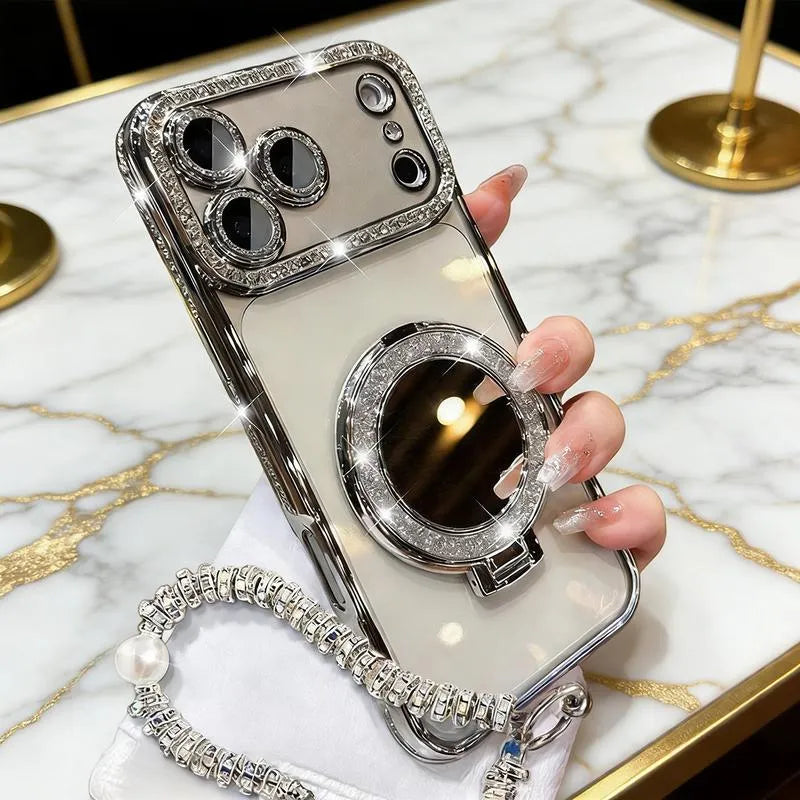 ✨💎Ženski ovitek za telefon z bleščečimi diamanti, ogledalom in stojalom za iPhone 12/13/14/15/16/17 Pro Max, 17Air, 14/15/16 Plus💖-SI