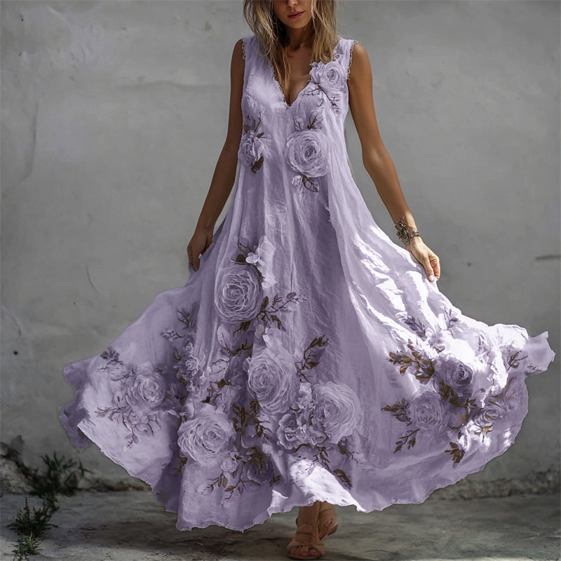 Vintage Φόρεμα Μάξι από Λινό με Σχέδιο Λευκού Τριαντάφυλλου-GR