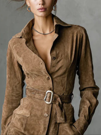 Φόρεμα μίντι σουέτ με μονή σειρά πέτων και μακριά μανίκια-GR