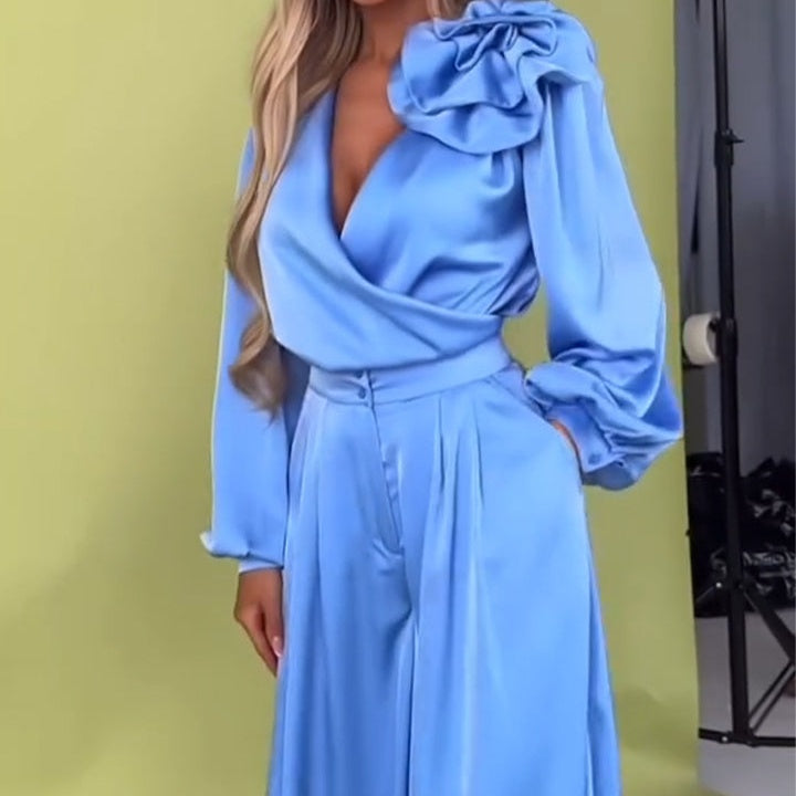 Πολυτελές σετ με σατέν πουκάμισο και φαρδύ παντελόνι-GR