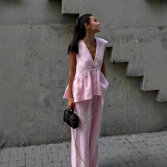 Ženski dvodelni komplet iz masivnega bombaža, V-izrez, brez rokavov, bluza in hlače-SI