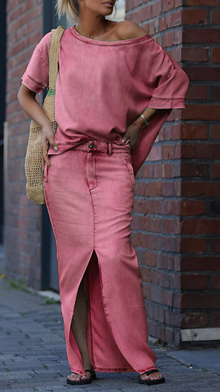 Γυναικείο Casual Κοστούμι με Στρογγυλή Λαιμόκοψη σε Χρώμα Tencel Denim-GR