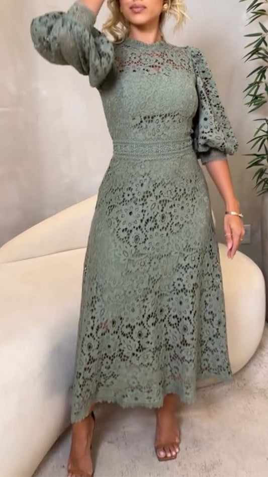 Vestido de encaje para mujer con escote redondo y mangas de estilo veraniego.-ES