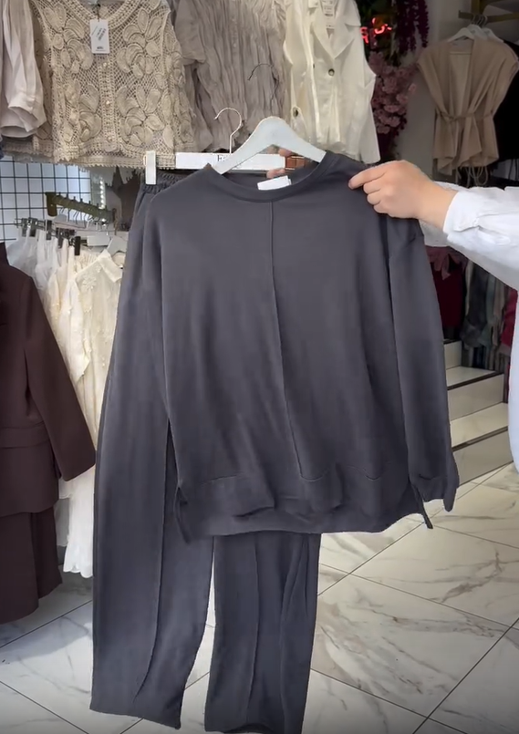 Conjunto de pantalon de cotton de pantalon de algodón de larga y cuello roundo para mujer-ES