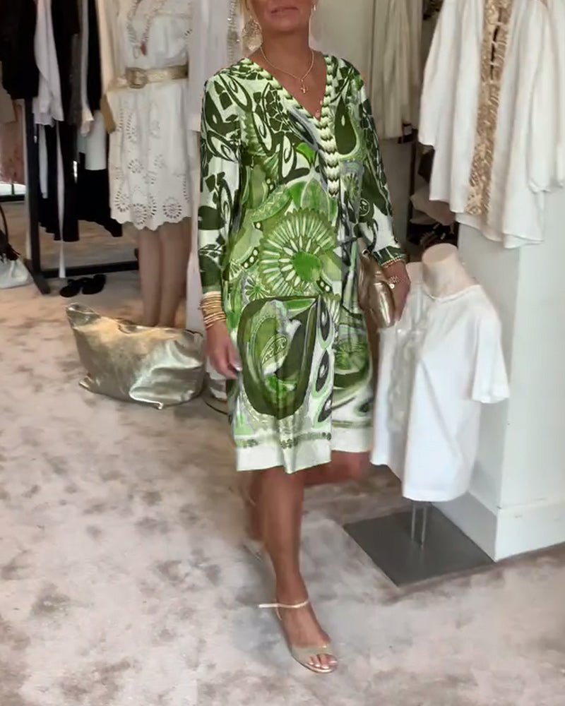 Φόρεμα με V-λαιμόκοψη και Vintage Στάμπα-GR