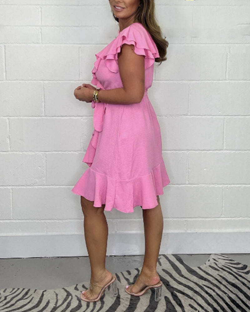 Καλοκαιρινό νέο φόρεμα 2025 με λαιμόκοψη V, μονόχρωμο βολάν φόρεμα-GR