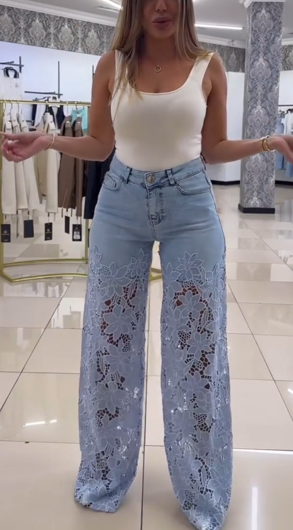 Ženske elegantne kavbojke s čipko-SI