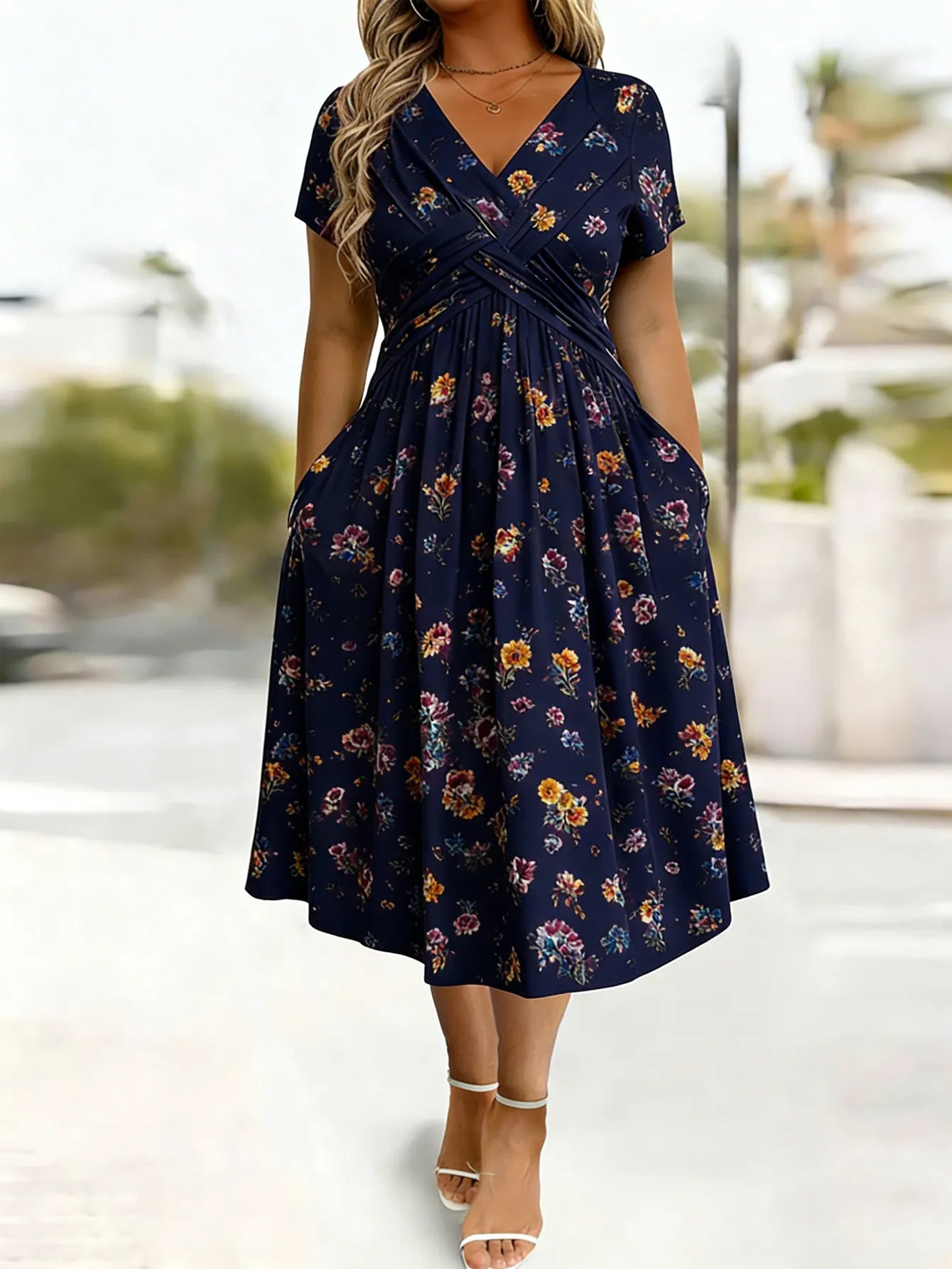 Moteriška gėlėta suknelė su V formos iškirpte ir aptemptu juosmeniu-LT