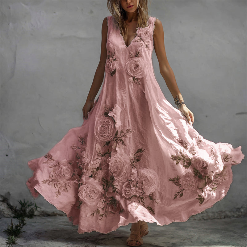 Vintažinė lininė maksi suknelė su baltų rožių raštu-LT