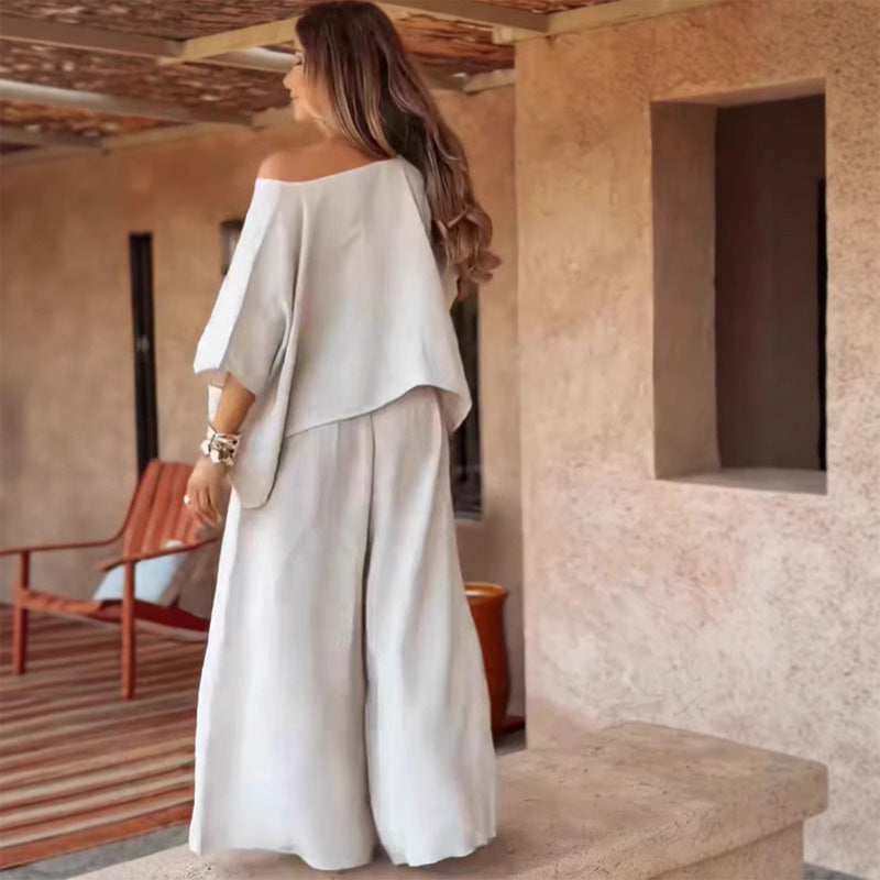 ⏳Ειδική προσφορά περιορισμένης διάρκειας💕 Γυναικείο σετ δύο τεμαχίων με τοπ με ανοιχτούς ώμους και παντελόνι με φαρδιά μπατζάκια-GR