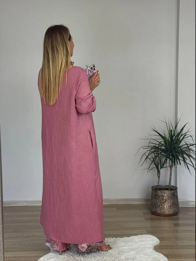 Laisvalaikio stiliaus netaisyklingo viršaus ir plačių kelnių komplektas iš medvilnės ir lino-LT