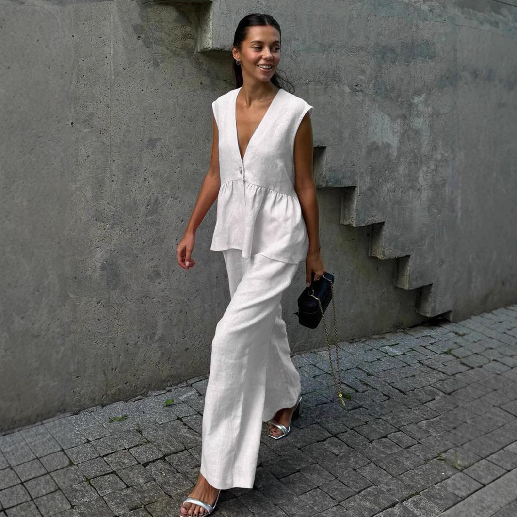 Ženski dvodelni komplet iz masivnega bombaža, V-izrez, brez rokavov, bluza in hlače-SI