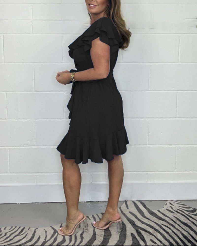 Καλοκαιρινό νέο φόρεμα 2025 με λαιμόκοψη V, μονόχρωμο βολάν φόρεμα-GR