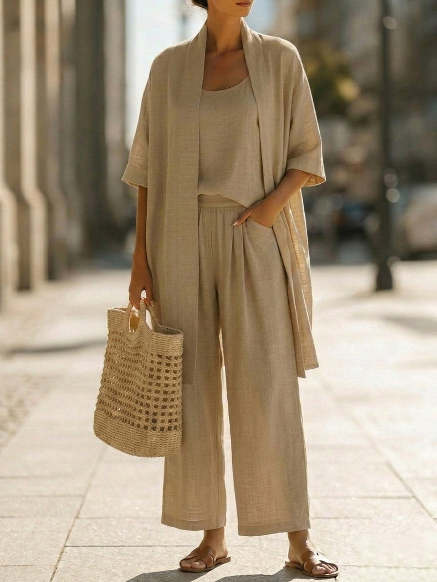 Conjunto minimalista de tres piezas de lino y algodón: cómodo para el uso diario.-ES