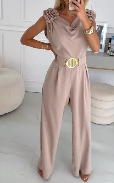 Γυναικεία καλοκαιρινή αμάνικη ολόσωμη φόρμα με τρισδιάστατο φλοράλ σχέδιο και V λαιμόκοψη-GR