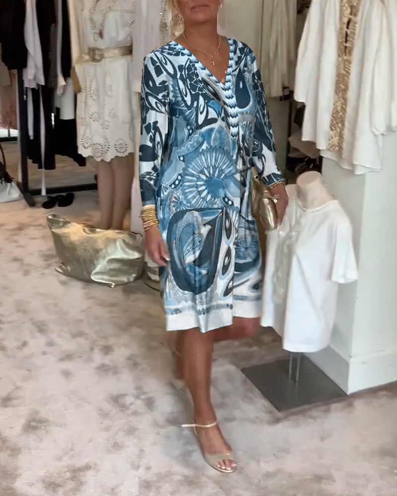 Φόρεμα με V-λαιμόκοψη και Vintage Στάμπα-GR