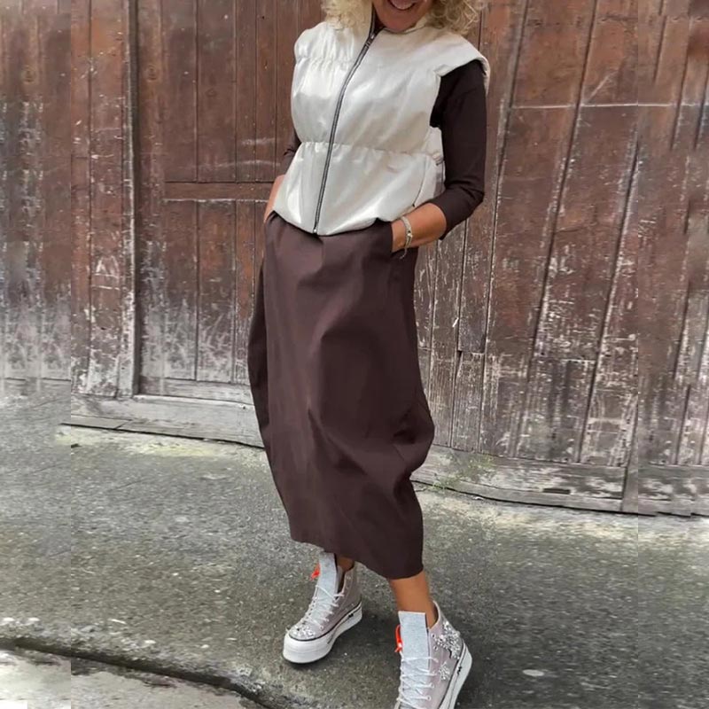 Απλό κομψό φόρεμα για γυναίκες με τσέπες-GR