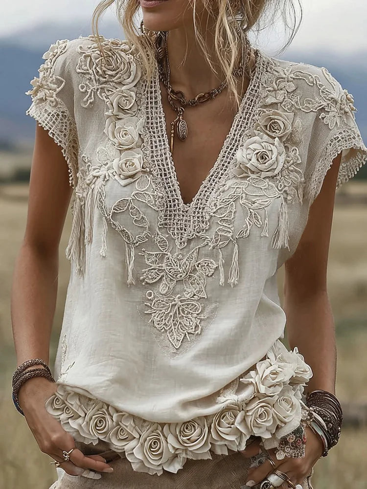 Moteriški trumpomis rankovėmis lininio audinio marškinėliai V formos iškirpte ir siuvinėti rožėmis-LT