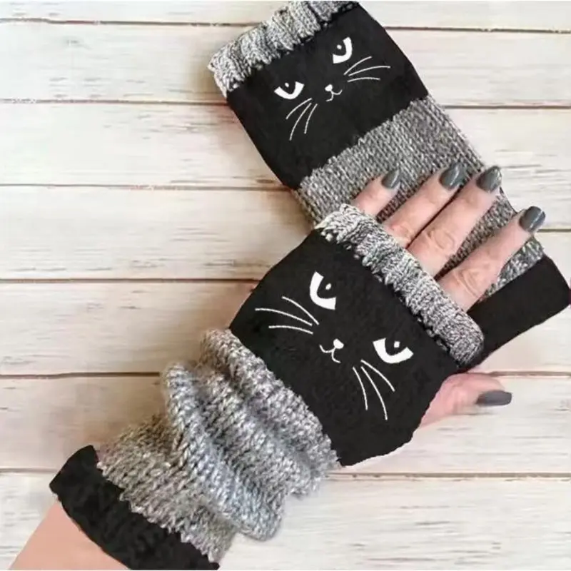 🐱 Prikupne ženske pletene rokavice z mačjim motivom🧤🧶-SI