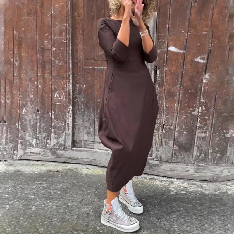 Απλό κομψό φόρεμα για γυναίκες με τσέπες-GR