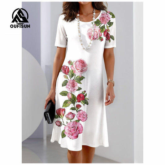 Modne dolge obleke s cvetličnim potiskom in kratkimi rokavi, z metuljčki in cvetličnim potiskom - GR 