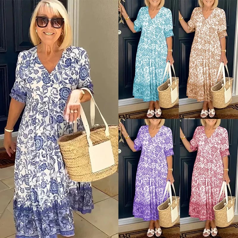 Εμπριμέ φόρεμα με V-λαιμόκοψη, κομψό και στιλάτο-GR