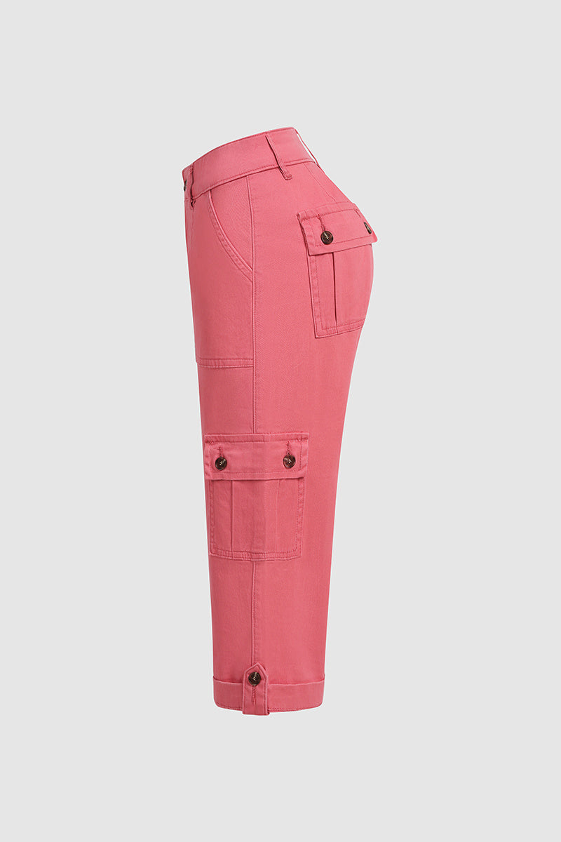 Παντελόνι κάπρι με τσέπες και ψηλή μέση, πιέτες στο κάτω μέρος και αρκετές τσέπες-GR