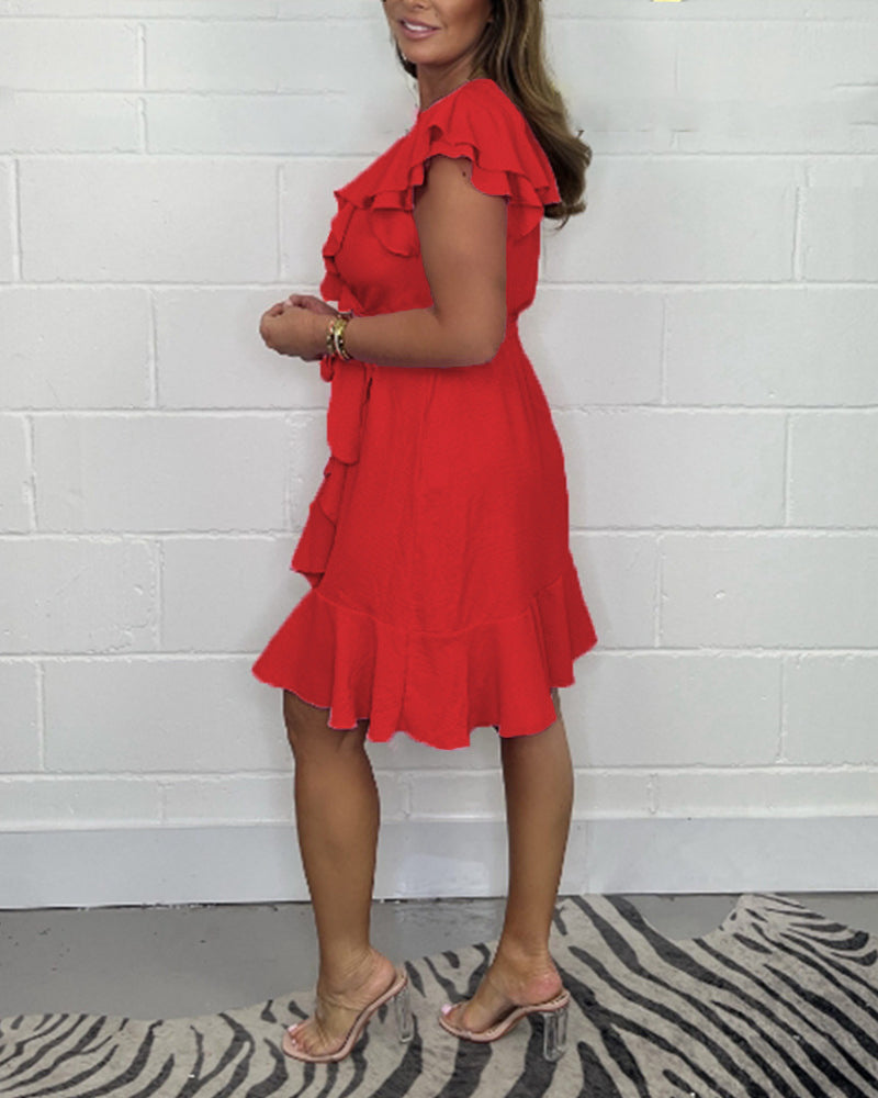 Καλοκαιρινό νέο φόρεμα 2025 με λαιμόκοψη V, μονόχρωμο βολάν φόρεμα-GR