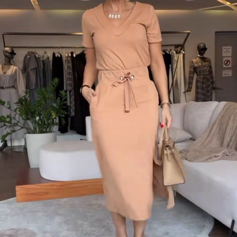 💥Komplet ženske majice z V-izrezom in midi krila👗-GR 