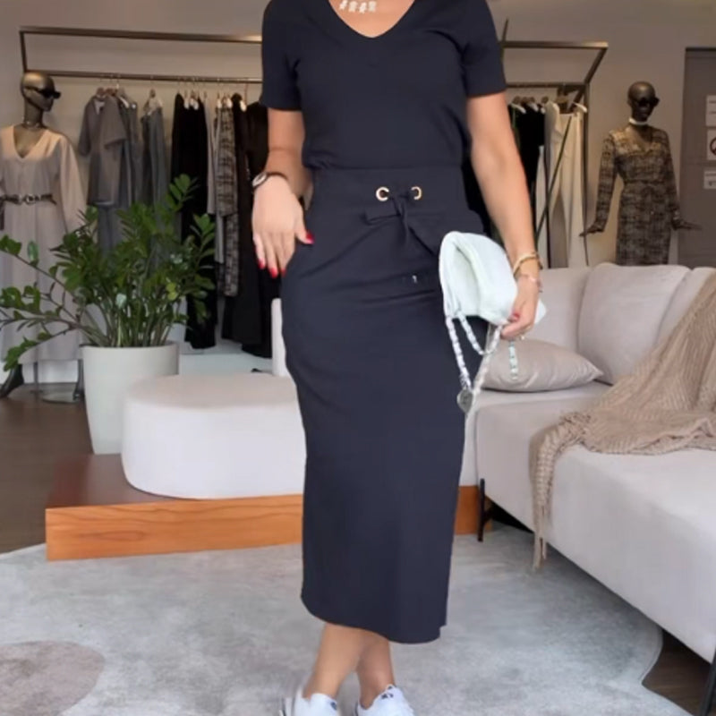 💥Komplet ženske majice z V-izrezom in midi krila👗-GR 