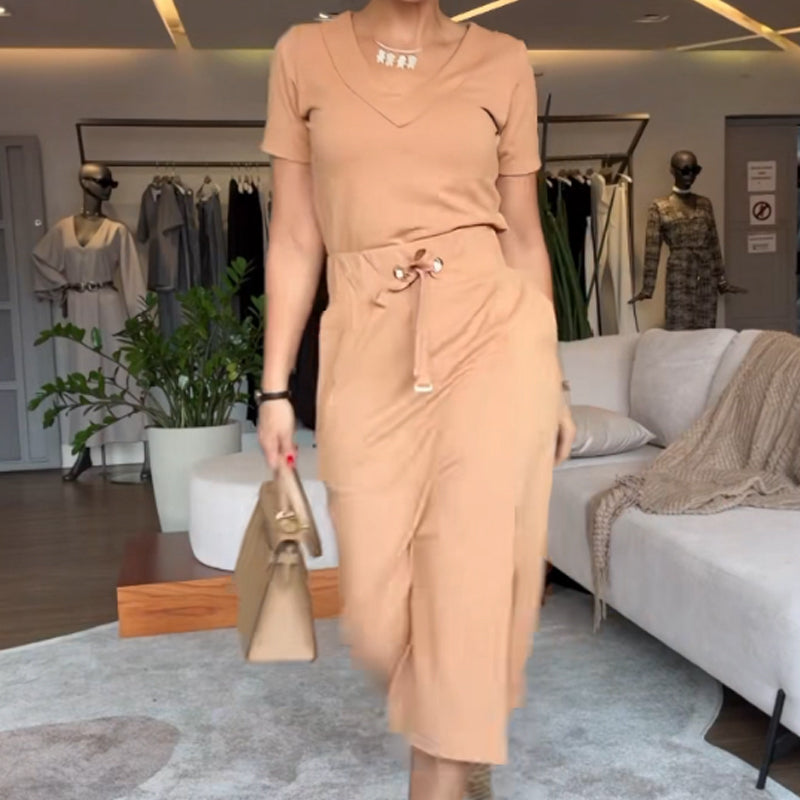 💥Komplet ženske majice z V-izrezom in midi krila👗-GR 