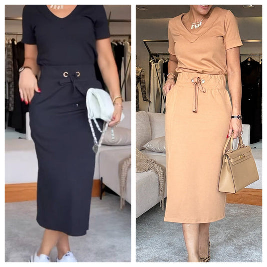 💥Komplet ženske majice z V-izrezom in midi krila👗-GR 