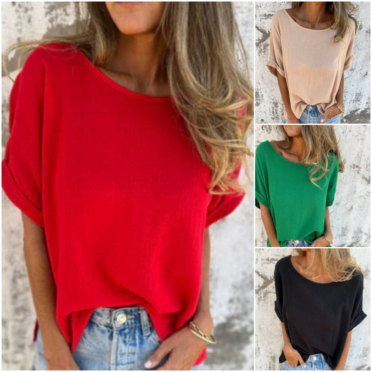 Μονόχρωμο τοπ με στρογγυλή λαιμόκοψη και κοντομάνικο τελείωμα-GR