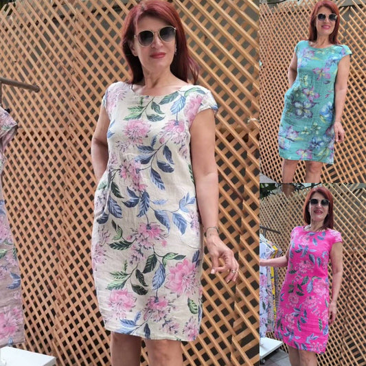👗 Φόρεμα με σχέδιο, φαρδιά μανίκια και στρογγυλή λαιμόκοψη-GR