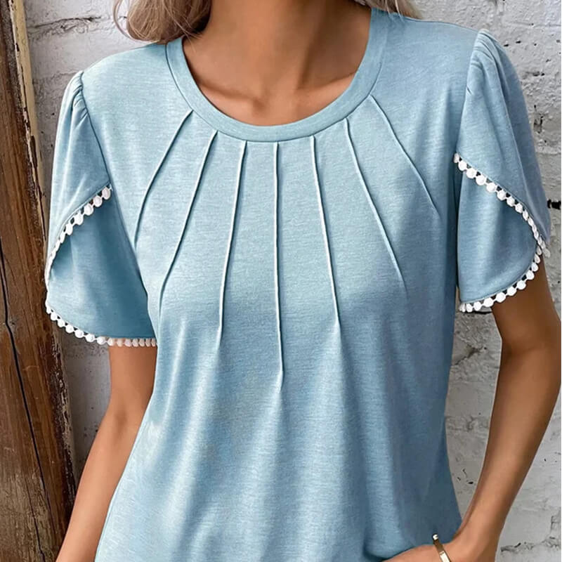 🔥Nauji moteriški laisvalaikio stiliaus vienspalviai nėriniuoti marškinėliai apvaliu kaklu-LT