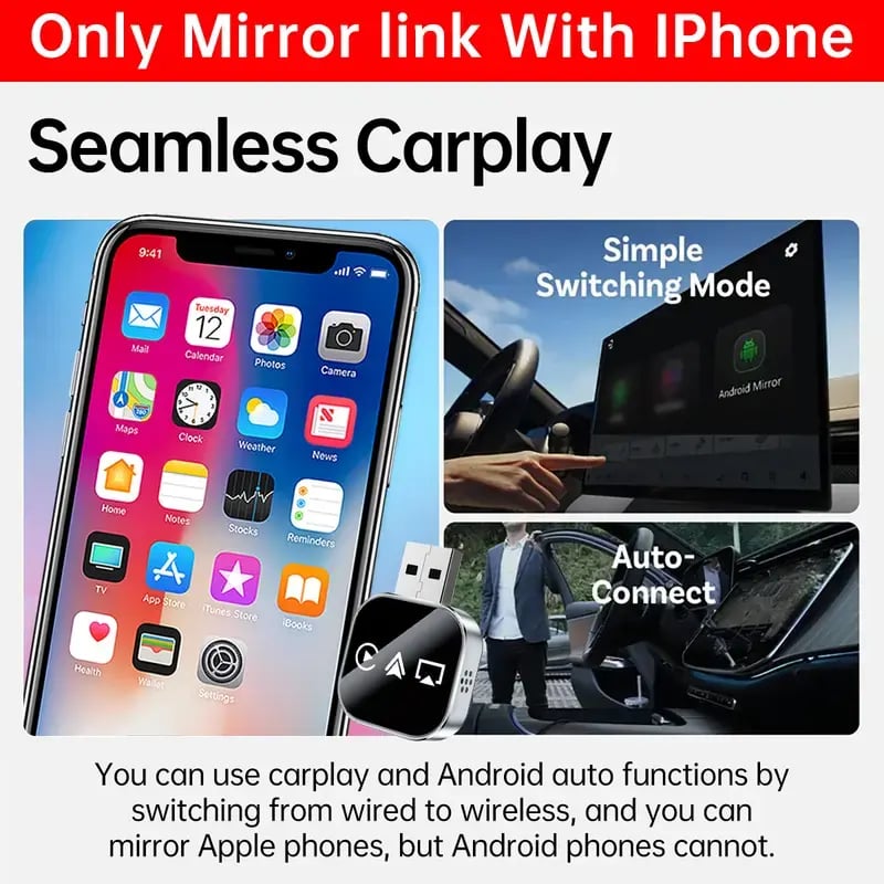 📶 2026 m. atnaujintas 3 viename ekrano veidrodis „iOS“ telefonui, prijungtas prie belaidžio „Carplay“ adapterio-LT