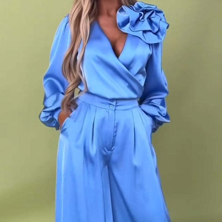 Πολυτελές σετ με σατέν πουκάμισο και φαρδύ παντελόνι-GR