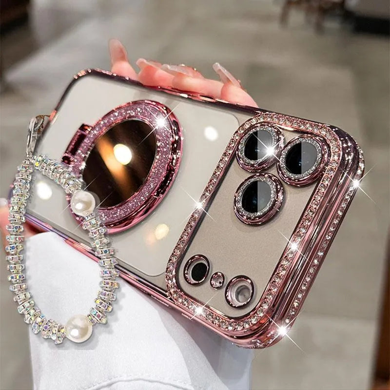 ✨💎Ženski ovitek za telefon z bleščečimi diamanti, ogledalom in stojalom za iPhone 12/13/14/15/16/17 Pro Max, 17Air, 14/15/16 Plus💖-SI