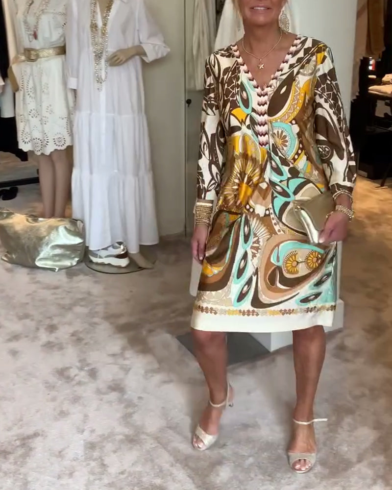 Φόρεμα με V-λαιμόκοψη και Vintage Στάμπα-GR