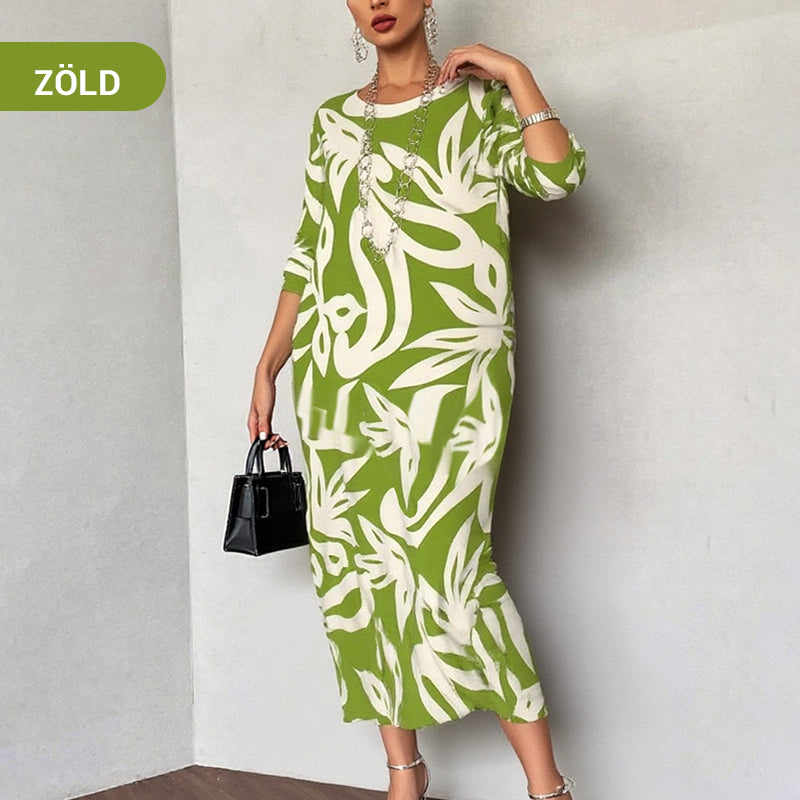 🌼Elegantiška, laisva, apvaliu kaklu, raštuota moteriška suknelė-LT