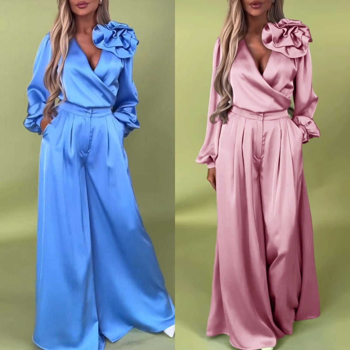 Πολυτελές σετ με σατέν πουκάμισο και φαρδύ παντελόνι-GR