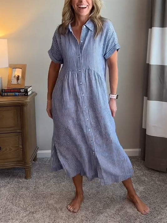 Ριγέ φόρεμα-πουκάμισο με πέτα που κλείνουν με κουμπιά | Με λειτουργικές τσέπες-GR