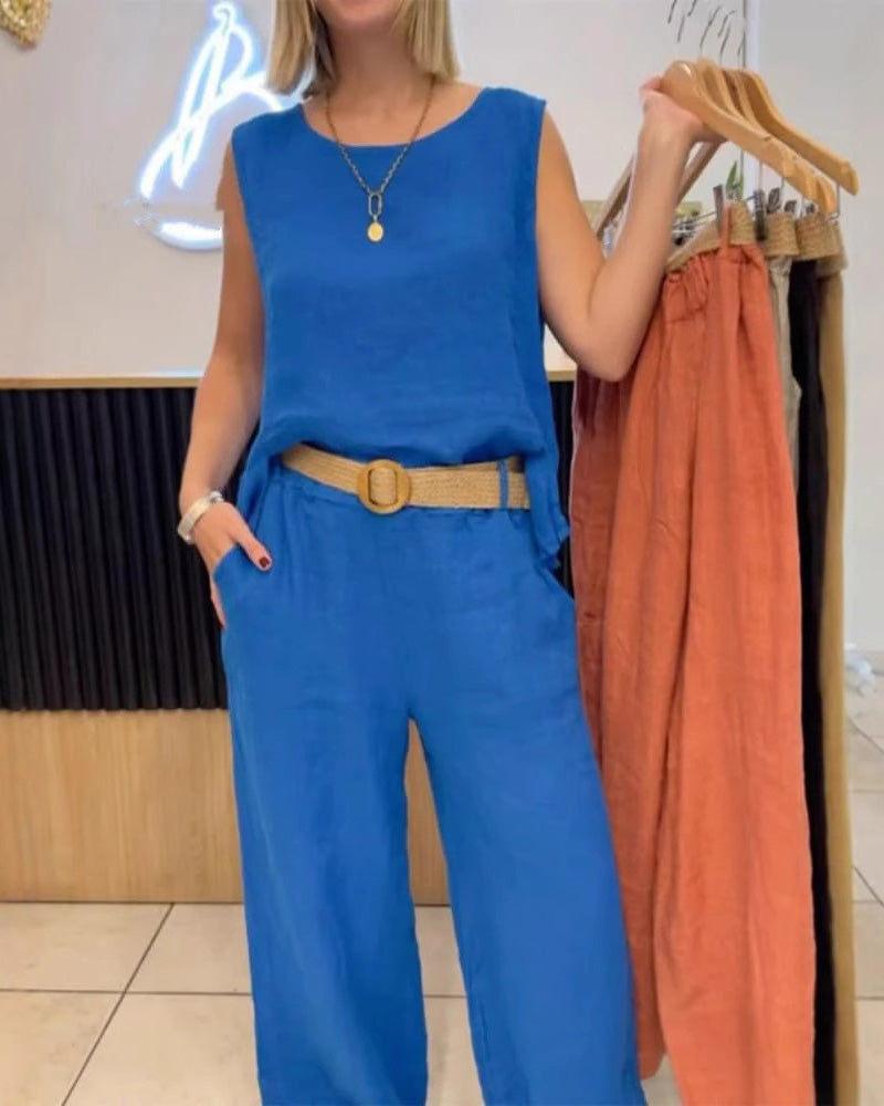 Σετ αμάνικο παντελόνι από μονόχρωμο βαμβάκι και λινό-GR