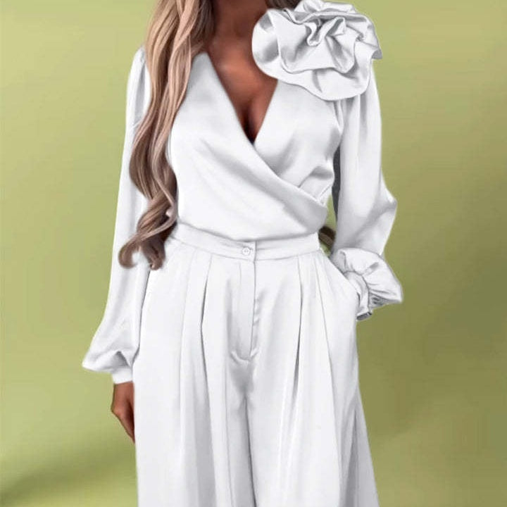 Πολυτελές σετ με σατέν πουκάμισο και φαρδύ παντελόνι-GR