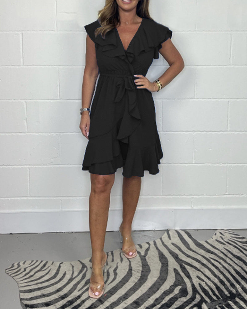 Καλοκαιρινό νέο φόρεμα 2025 με λαιμόκοψη V, μονόχρωμο βολάν φόρεμα-GR