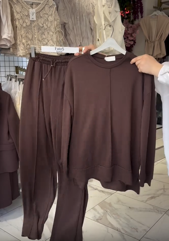 Conjunto de pantalon de cotton de pantalon de algodón de larga y cuello roundo para mujer-ES