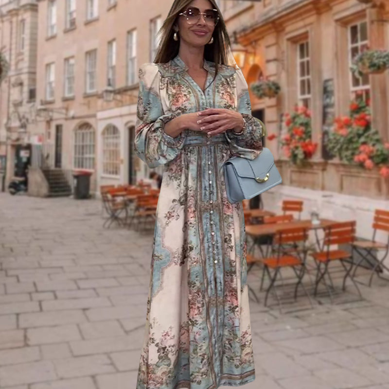 Κομψό φόρεμα με V λαιμόκοψη, ψηλή μέση, φλοράλ τύπωμα και κουμπιά-GR