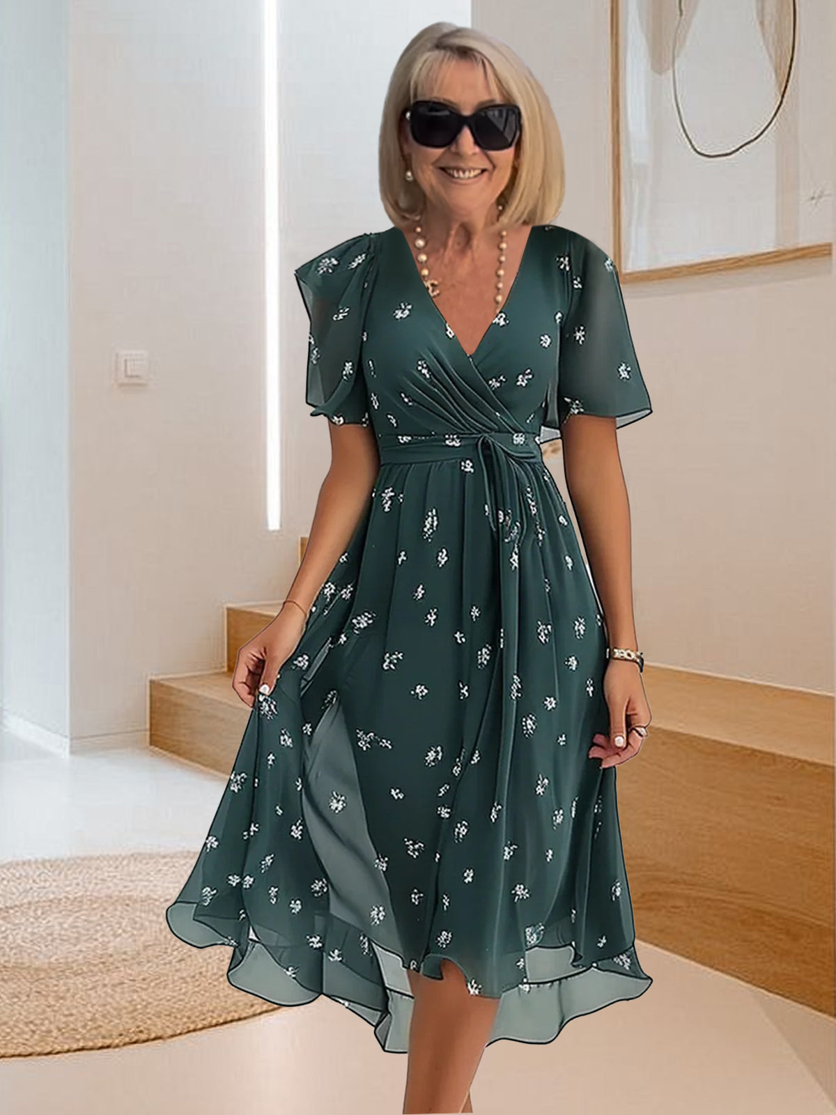 Φόρεμα απλό, casual με V ντεκολτέ και στάμπα-GR