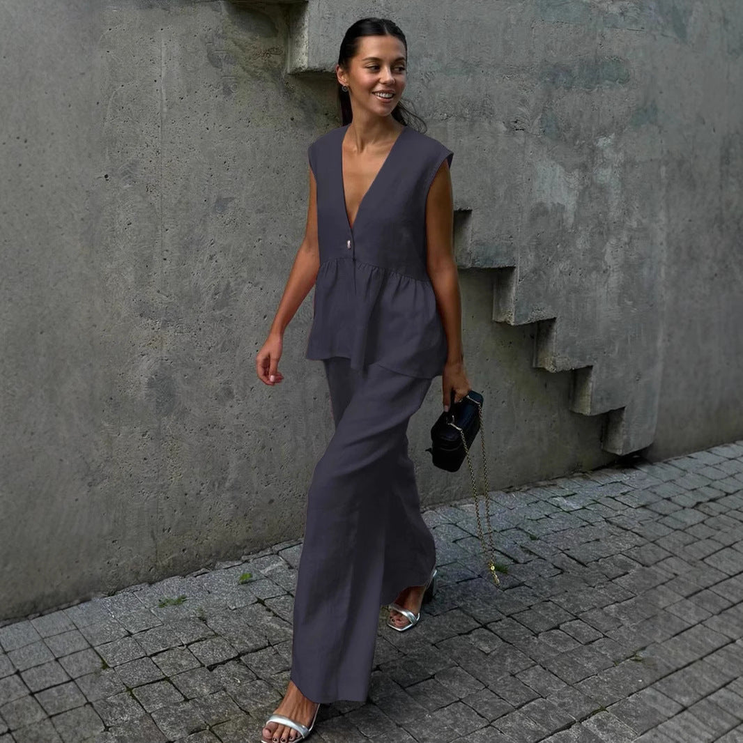 Ženski dvodelni komplet iz masivnega bombaža, V-izrez, brez rokavov, bluza in hlače-SI