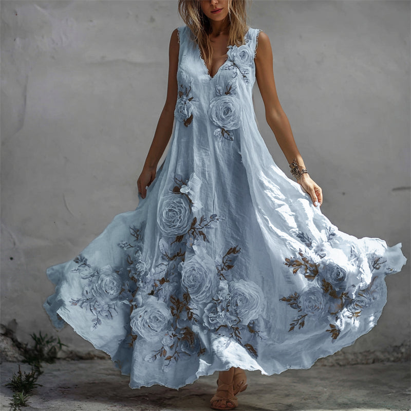 Vintažinė lininė maksi suknelė su baltų rožių raštu-LT